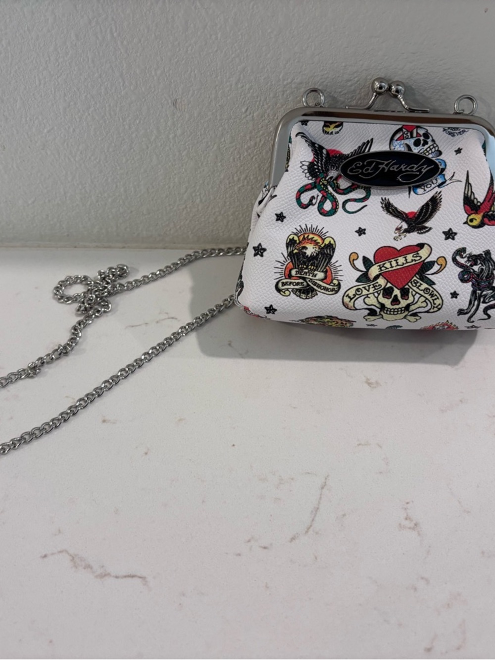 Ed Hardy White Tattoo Print Frame-Top Crossbody coin bag. Small